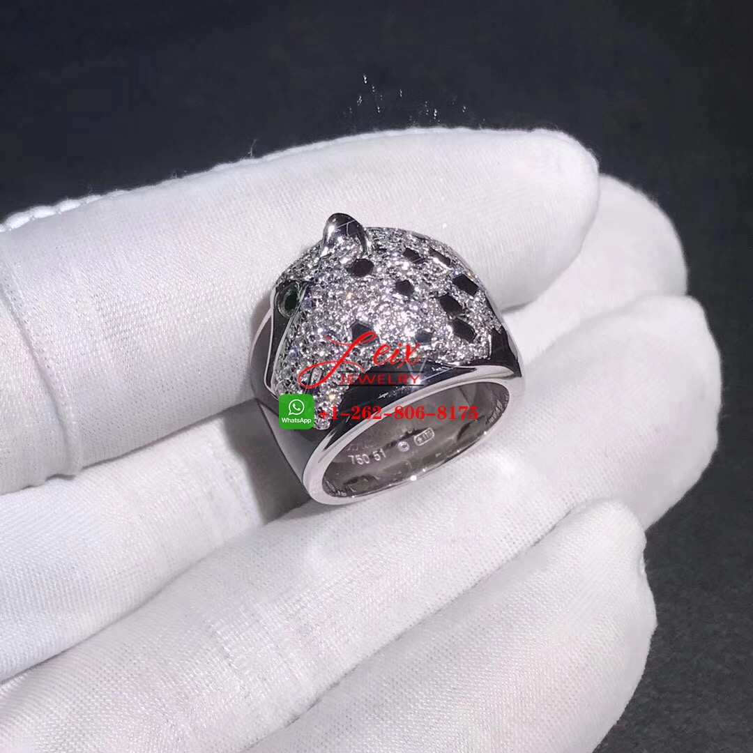 Panthère de Cartier 18k White Gold Black Lacquer, Emeralds, Onyx Diamonds Ring (5) Panthère de Cartier 18k White Gold Black Lacquer, Emeralds, Onyx Diamonds Ring