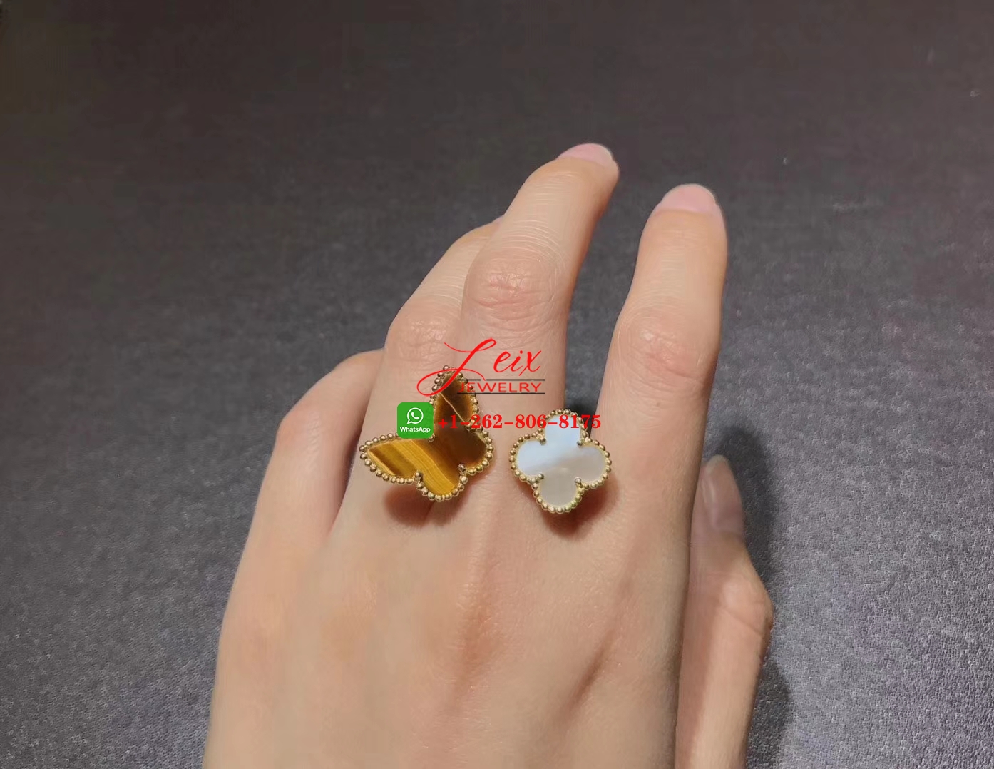 VCA Lucky Alhambra 18k Yellow Gold Tiger Eye Mother of Pearl Butterfly Between the Finger Ring (1) VCA Lucky Alhambra 18k Yellow Gold Tiger Eye Mother of Pearl Butterfly Between the Finger Ring