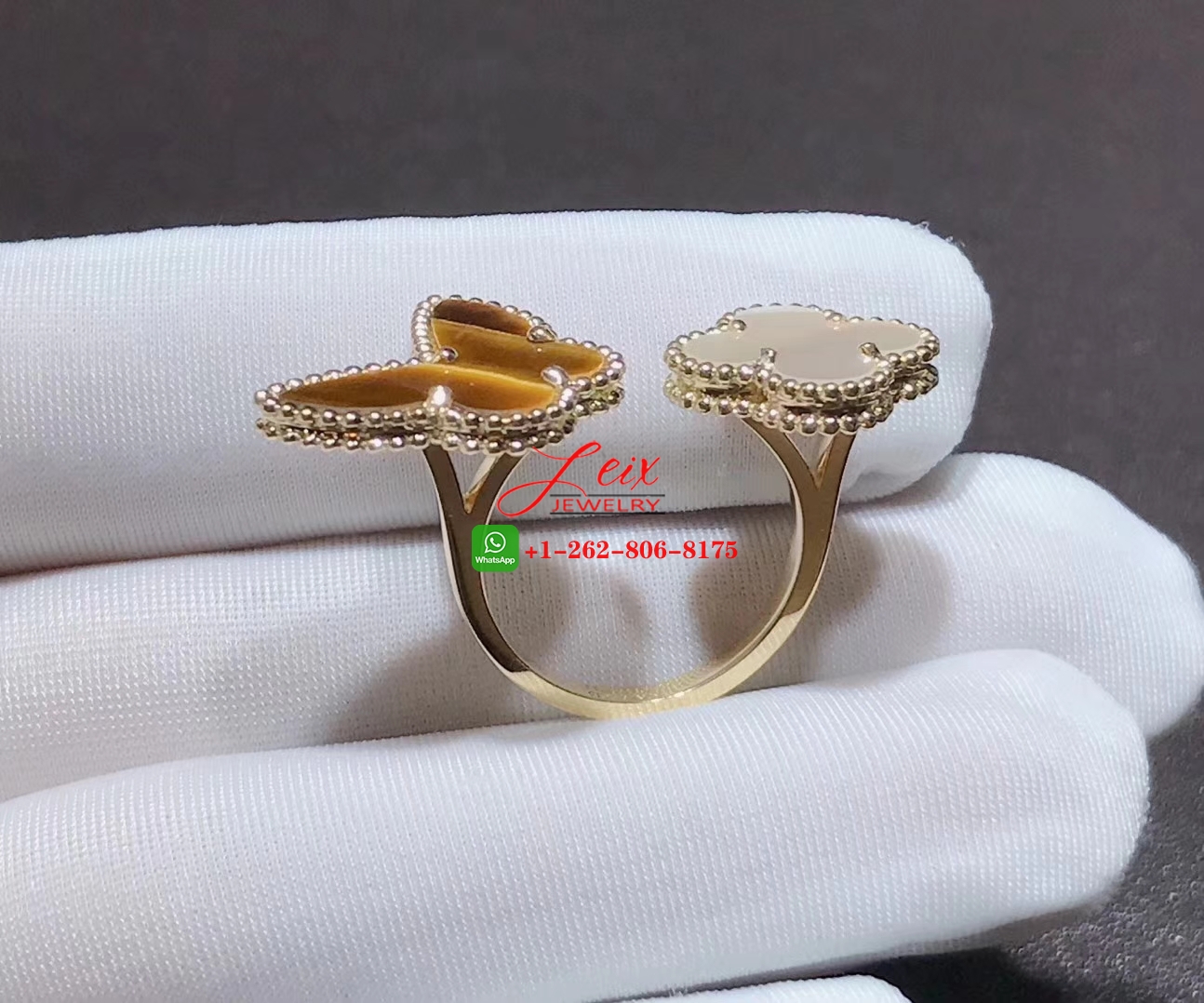 VCA Lucky Alhambra 18k Yellow Gold Tiger Eye Mother of Pearl Butterfly Between the Finger Ring (2) VCA Lucky Alhambra 18k Yellow Gold Tiger Eye Mother of Pearl Butterfly Between the Finger Ring