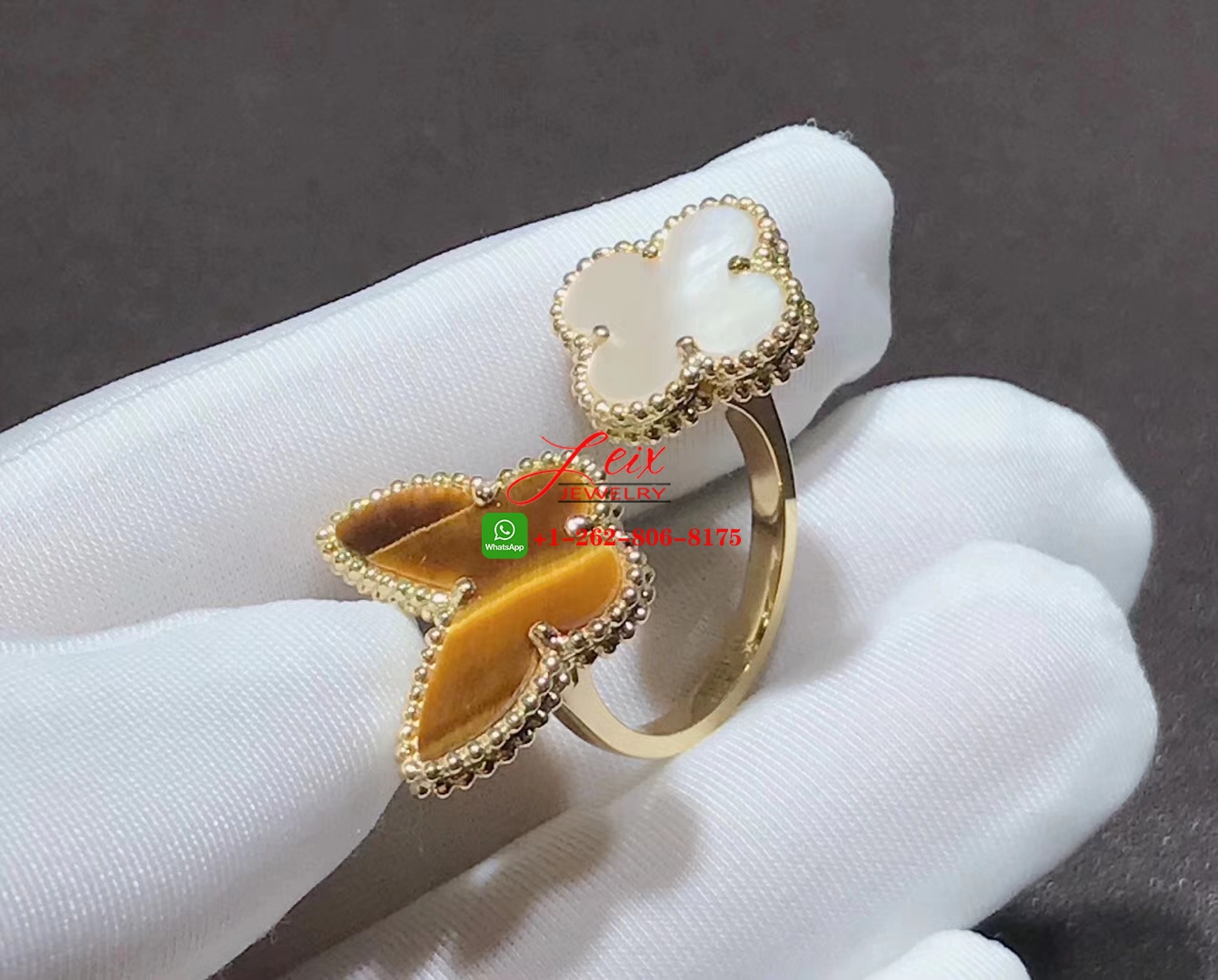 VCA Lucky Alhambra 18k Yellow Gold Tiger Eye Mother of Pearl Butterfly Between the Finger Ring (3) VCA Lucky Alhambra 18k Yellow Gold Tiger Eye Mother of Pearl Butterfly Between the Finger Ring