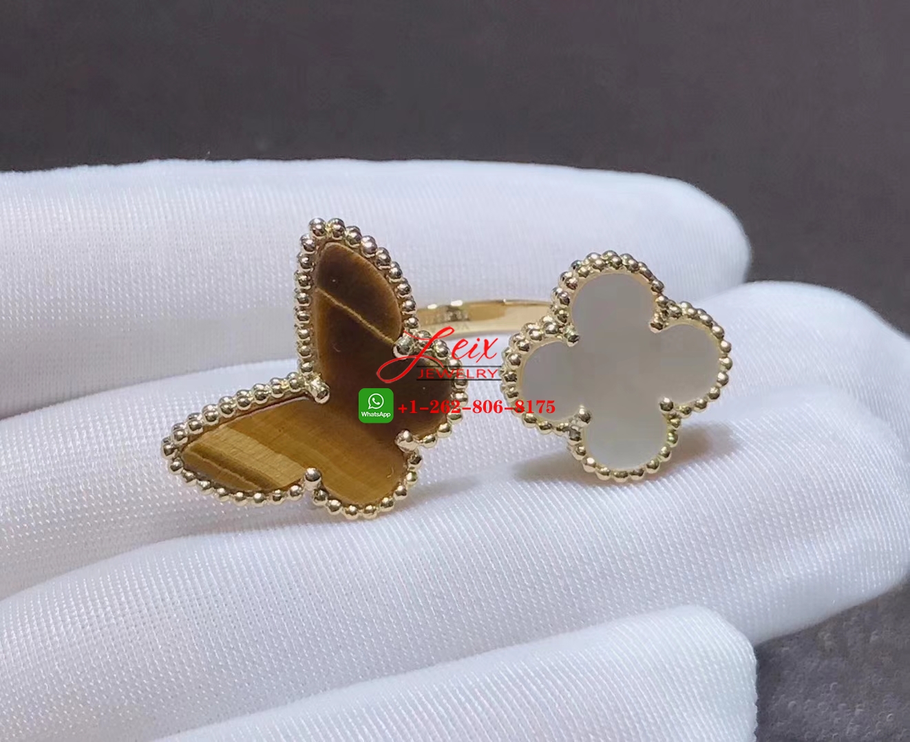 VCA Lucky Alhambra 18k Yellow Gold Tiger Eye Mother of Pearl Butterfly Between the Finger Ring (4) VCA Lucky Alhambra 18k Yellow Gold Tiger Eye Mother of Pearl Butterfly Between the Finger Ring