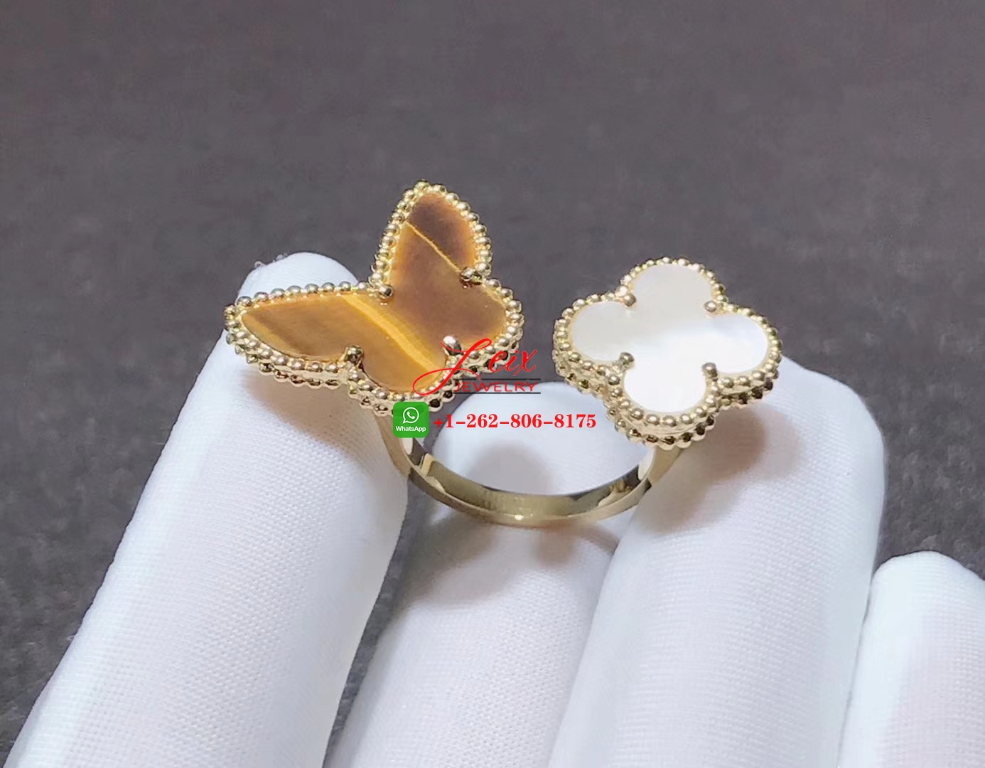 VCA Lucky Alhambra 18k Yellow Gold Tiger Eye Mother of Pearl Butterfly Between the Finger Ring VCA Lucky Alhambra 18k Yellow Gold Tiger Eye Mother of Pearl Butterfly Between the Finger Ring