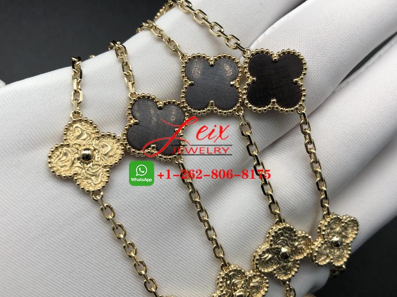 Van Cleef 18k Yellow Gold Limited Vintage Alhambra Bois D’amourette Letterwood 20 Motifs Long Necklace (1) Van Cleef 18k Yellow Gold Limited Vintage Alhambra Bois D’amourette Letterwood 20 Motifs Long Necklace