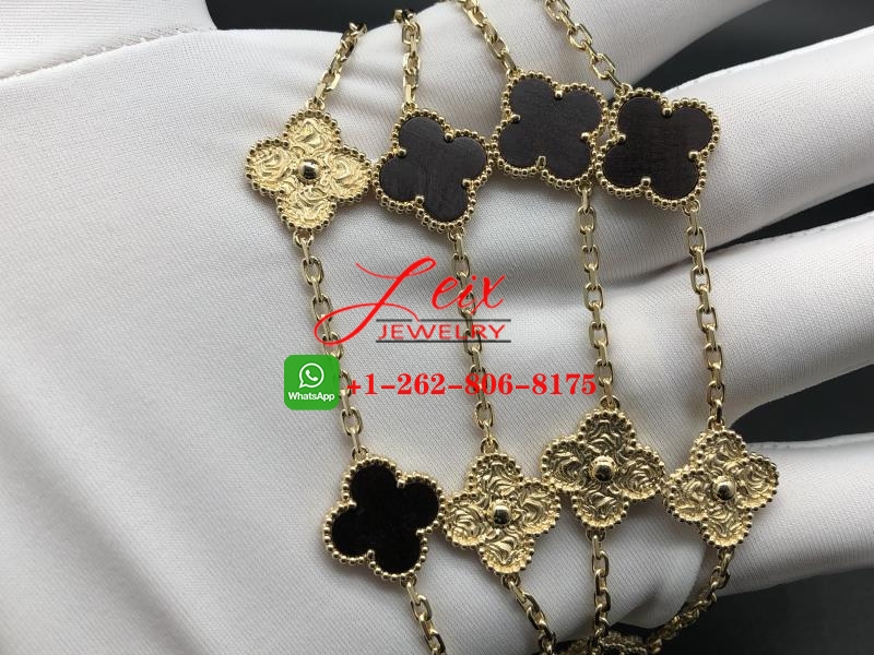 Van Cleef 18k Yellow Gold Limited Vintage Alhambra Bois D’amourette Letterwood 20 Motifs Long Necklace (2) Van Cleef 18k Yellow Gold Limited Vintage Alhambra Bois D’amourette Letterwood 20 Motifs Long Necklace