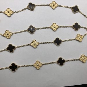 Van Cleef 18k Yellow Gold Limited Vintage Alhambra Bois D’amourette Letterwood 20 Motifs Long Necklace
