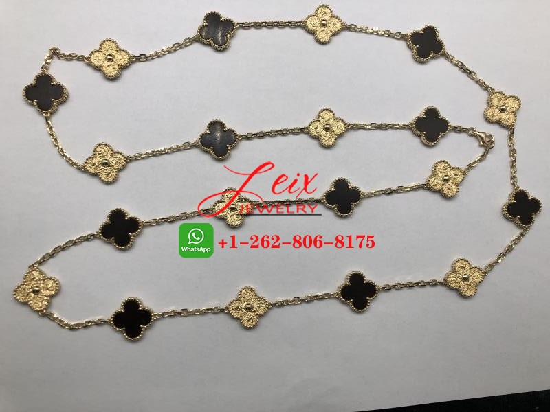 Van Cleef 18k Yellow Gold Limited Vintage Alhambra Bois D’amourette Letterwood 20 Motifs Long Necklace Van Cleef 18k Yellow Gold Limited Vintage Alhambra Bois D’amourette Letterwood 20 Motifs Long Necklace
