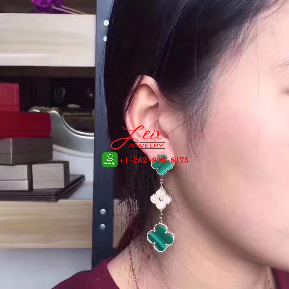 Van Cleef & Arpels Magic Alhambra 3 Motifs Diamond Malachite 18K Yellow Gold Earrings (1) Van Cleef & Arpels Magic Alhambra 3 Motifs Diamond Malachite 18K Yellow Gold Earrings