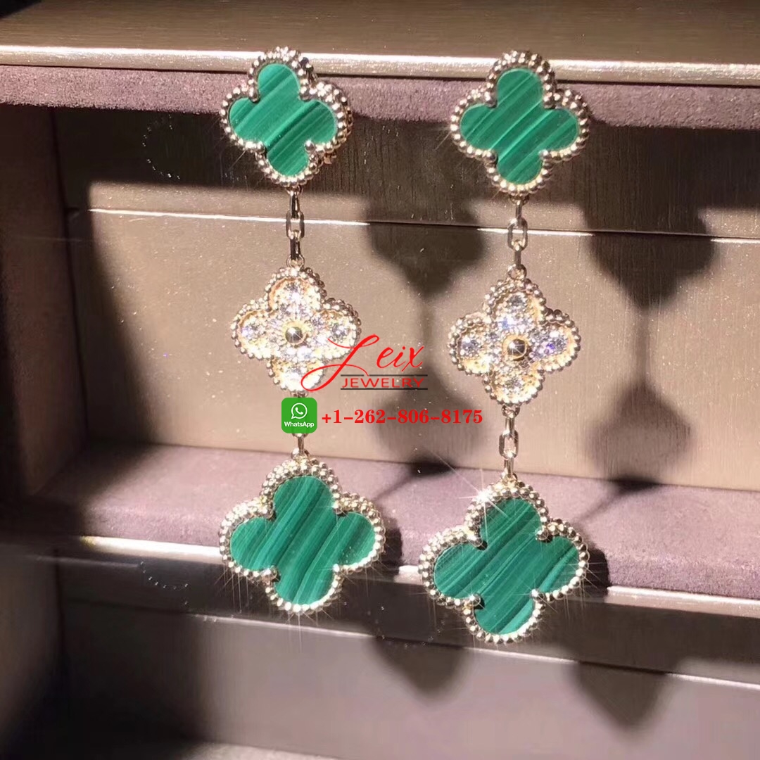 Van Cleef & Arpels Magic Alhambra 3 Motifs Diamond Malachite 18K Yellow Gold Earrings (2) Van Cleef & Arpels Magic Alhambra 3 Motifs Diamond Malachite 18K Yellow Gold Earrings