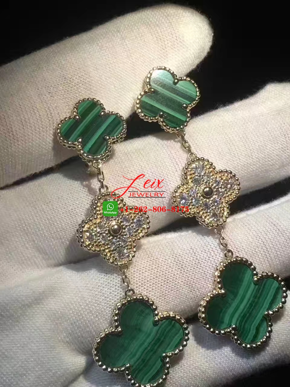 Van Cleef & Arpels Magic Alhambra 3 Motifs Diamond Malachite 18K Yellow Gold Earrings (3) Van Cleef & Arpels Magic Alhambra 3 Motifs Diamond Malachite 18K Yellow Gold Earrings