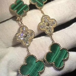 Van Cleef & Arpels Magic Alhambra 3 Motifs Diamond Malachite 18K Yellow Gold Earrings