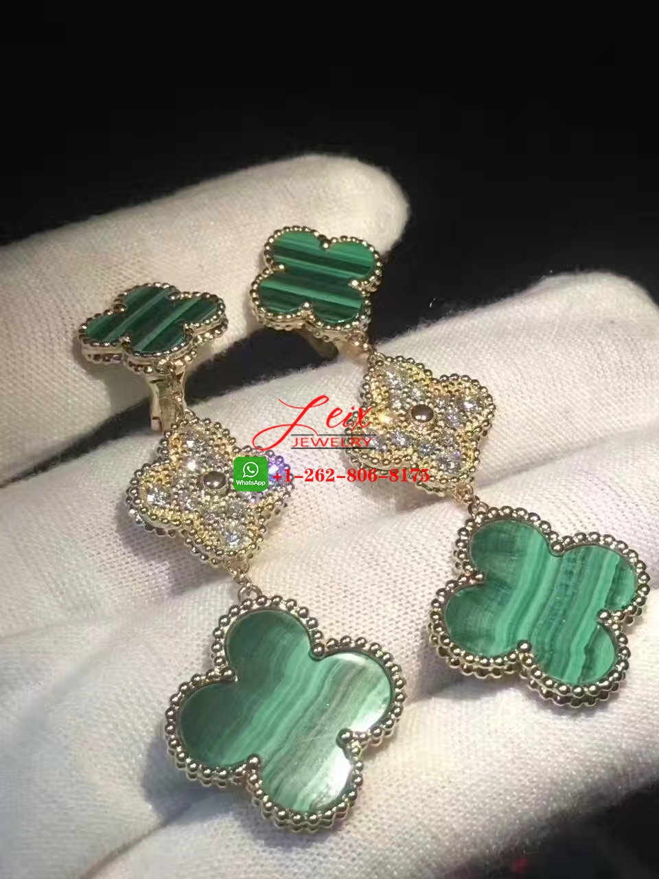 Van Cleef & Arpels Magic Alhambra 3 Motifs Diamond Malachite 18K Yellow Gold Earrings (4) Van Cleef & Arpels Magic Alhambra 3 Motifs Diamond Malachite 18K Yellow Gold Earrings