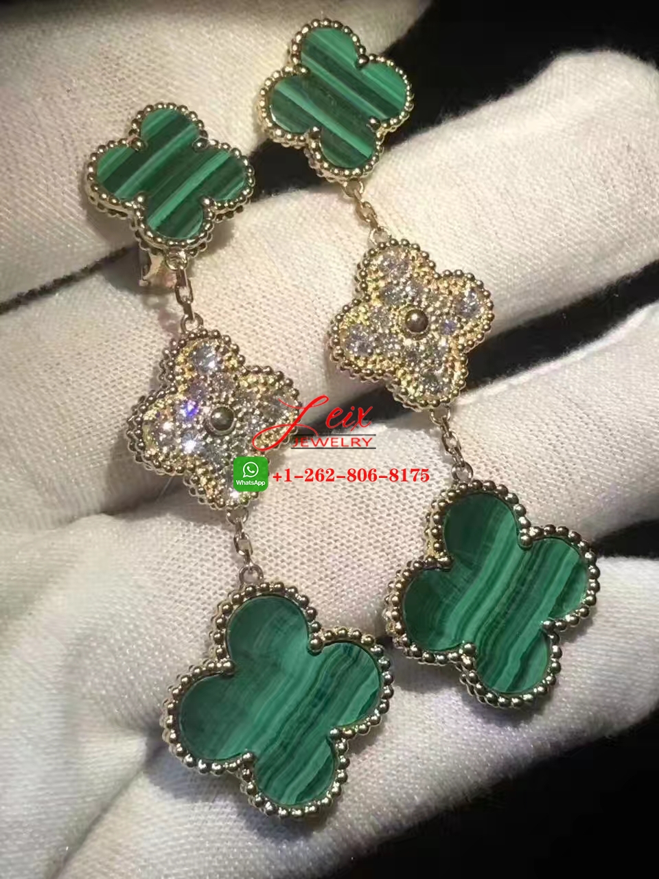 Van Cleef & Arpels Magic Alhambra 3 Motifs Diamond Malachite 18K Yellow Gold Earrings Van Cleef & Arpels Magic Alhambra 3 Motifs Diamond Malachite 18K Yellow Gold Earrings