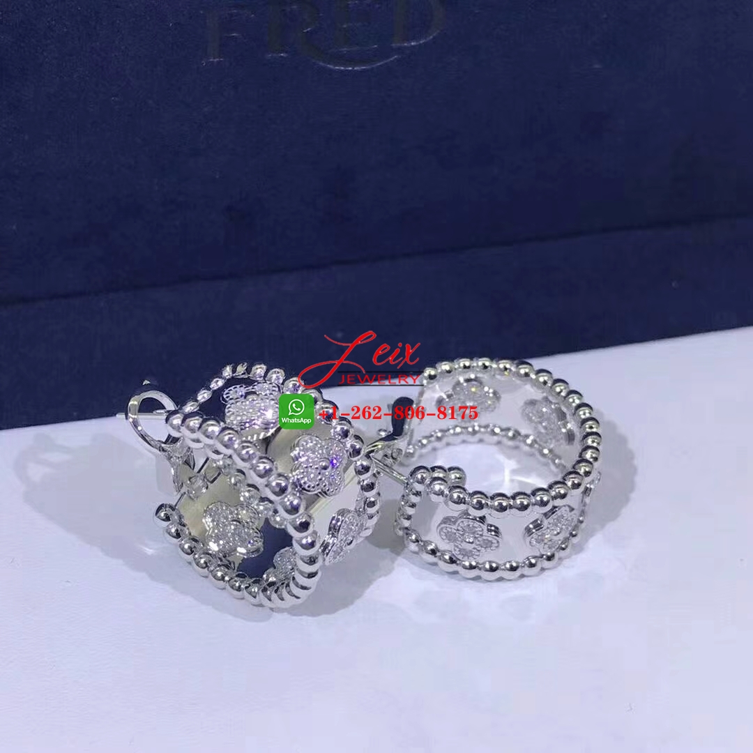 Van Cleef & Arpels Perlée Clovers 18K White Gold Diamond Hoop Earrings (3) Van Cleef & Arpels Perlée Clovers 18K White Gold Diamond Hoop Earrings