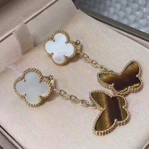 Van Cleef Lucky Alhambra 18k Yellow Gold Mother-of-pearl and Tiger’s Eye Butterfly 2 Motifs Earrings