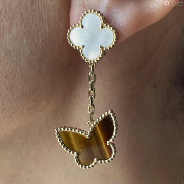 Van Cleef Lucky Alhambra 18k Yellow Gold Mother-of-pearl and Tiger’s Eye Butterfly 2 Motifs Earrings