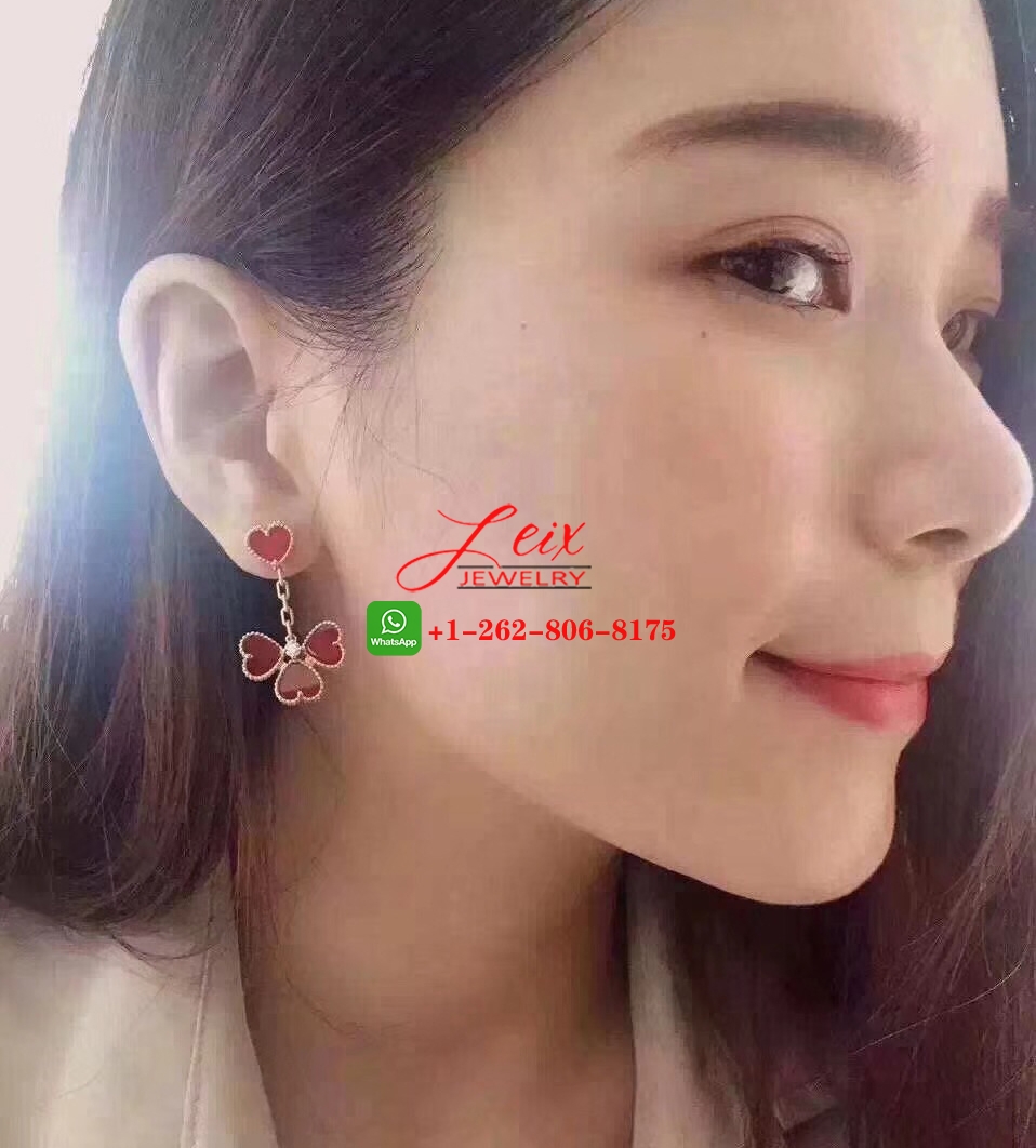Van Cleef Sweet Alhambra Effeuillage 18k Rose Gold Diamond & Carnelian Earrings (1) Van Cleef Sweet Alhambra Effeuillage 18k Rose Gold Diamond & Carnelian Earrings