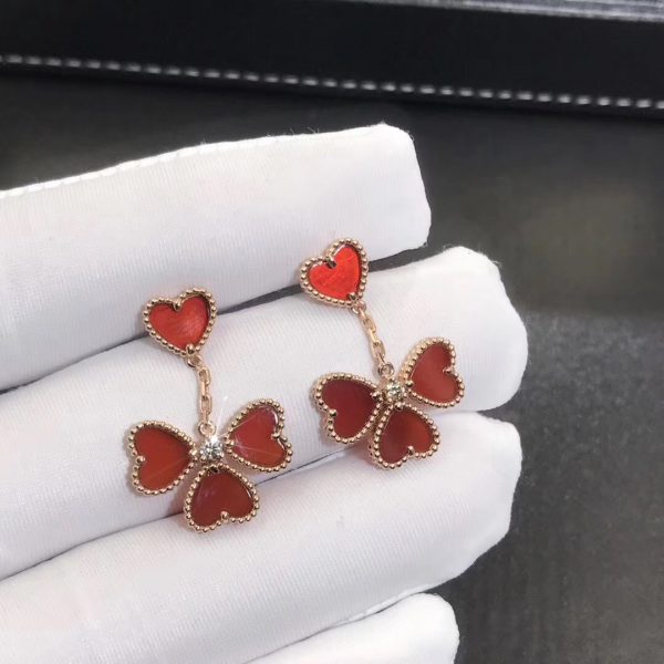 Van Cleef Sweet Alhambra Effeuillage 18k Rose Gold Diamond & Carnelian Earrings