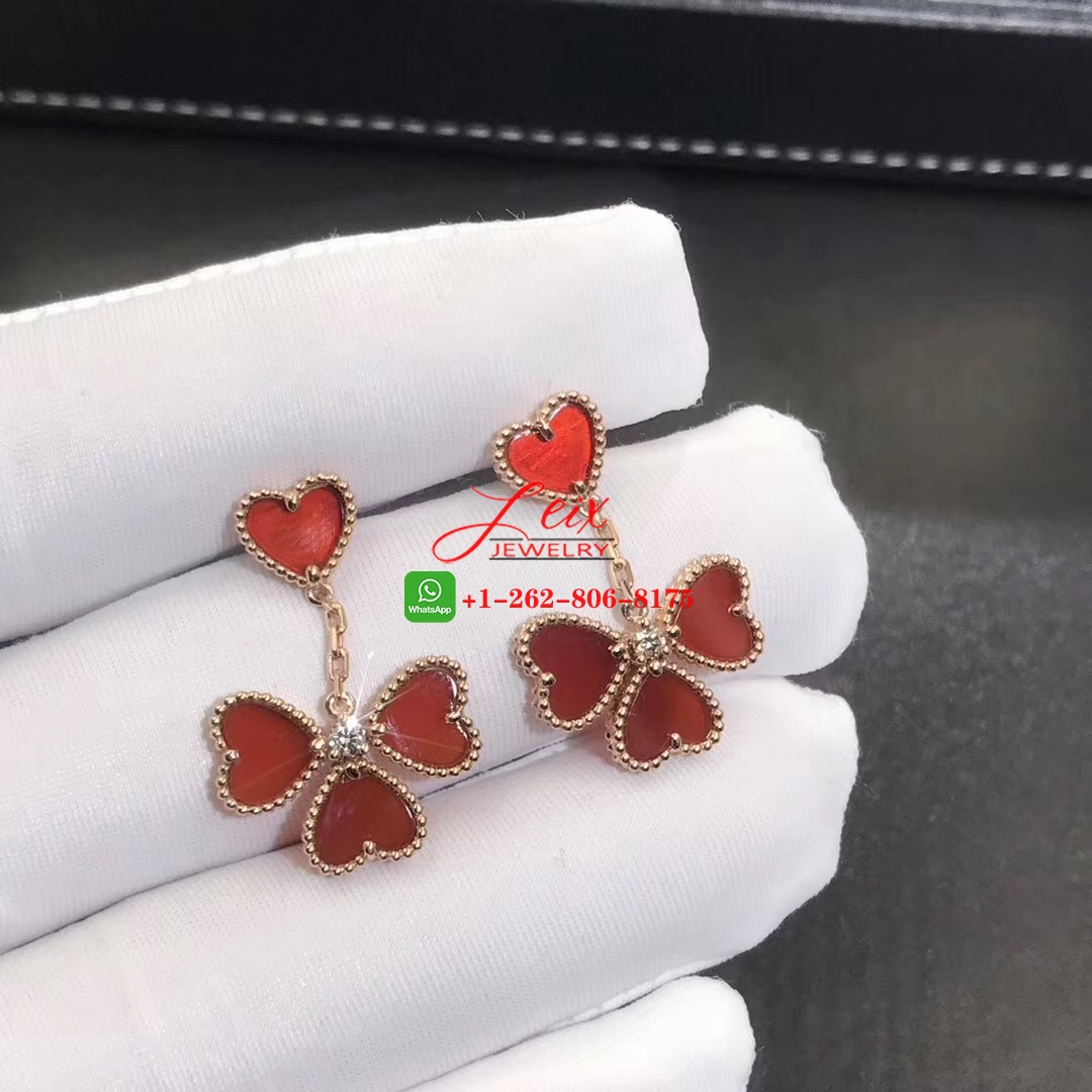 Van Cleef Sweet Alhambra Effeuillage 18k Rose Gold Diamond & Carnelian Earrings (2) Van Cleef Sweet Alhambra Effeuillage 18k Rose Gold Diamond & Carnelian Earrings