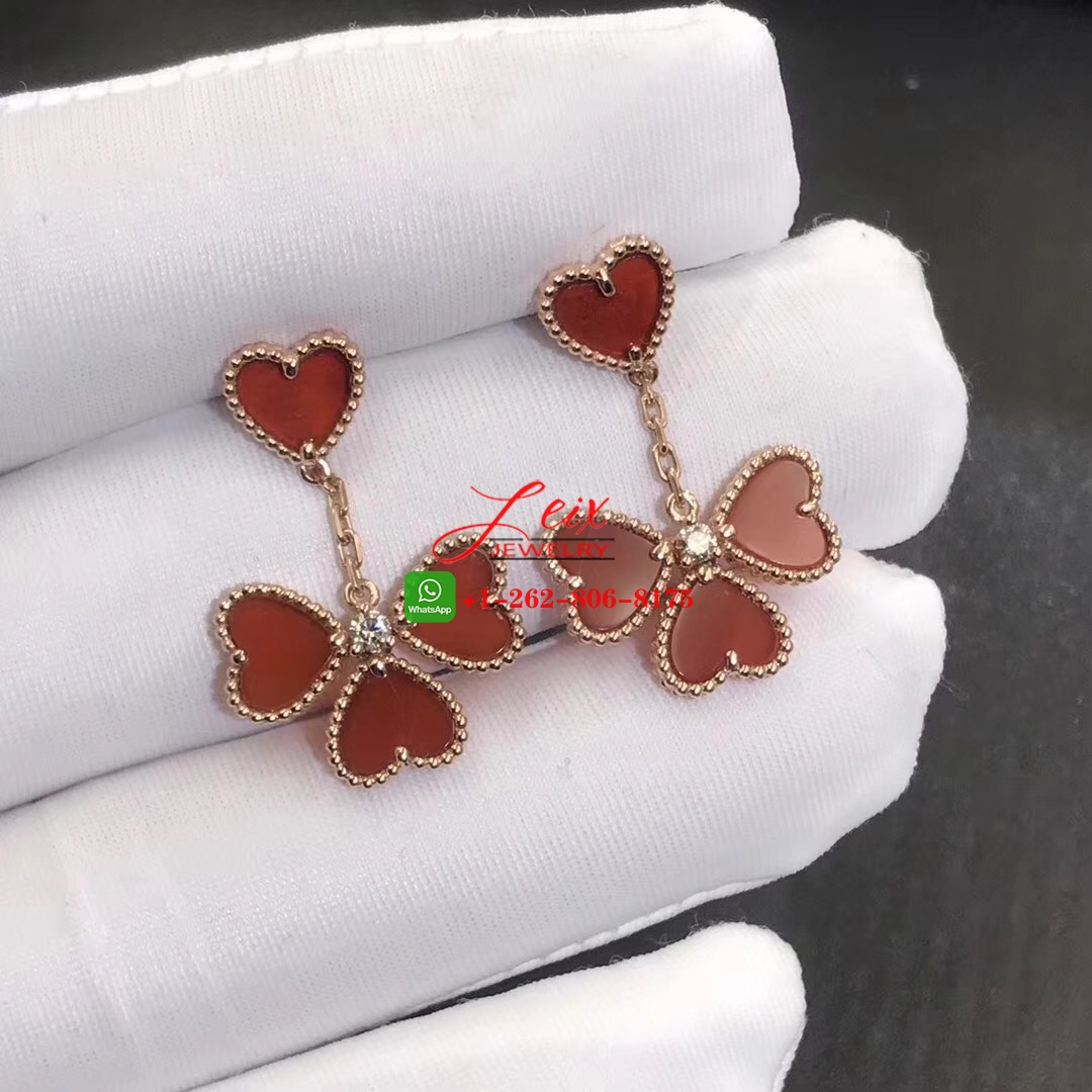 Van Cleef Sweet Alhambra Effeuillage 18k Rose Gold Diamond & Carnelian Earrings Van Cleef Sweet Alhambra Effeuillage 18k Rose Gold Diamond & Carnelian Earrings