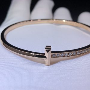 Tiffany & Co. T T1 Hinged Rose Gold with Diamonds Narrow Bangle Bracelet