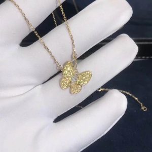 VCA Yellow Gold Two Butterfly Pendant Diamond Yellow Sapphire Necklace