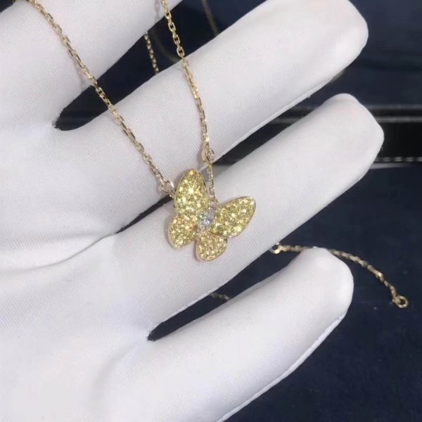 VCA Yellow Gold Two Butterfly Pendant Diamond Yellow Sapphire Necklace