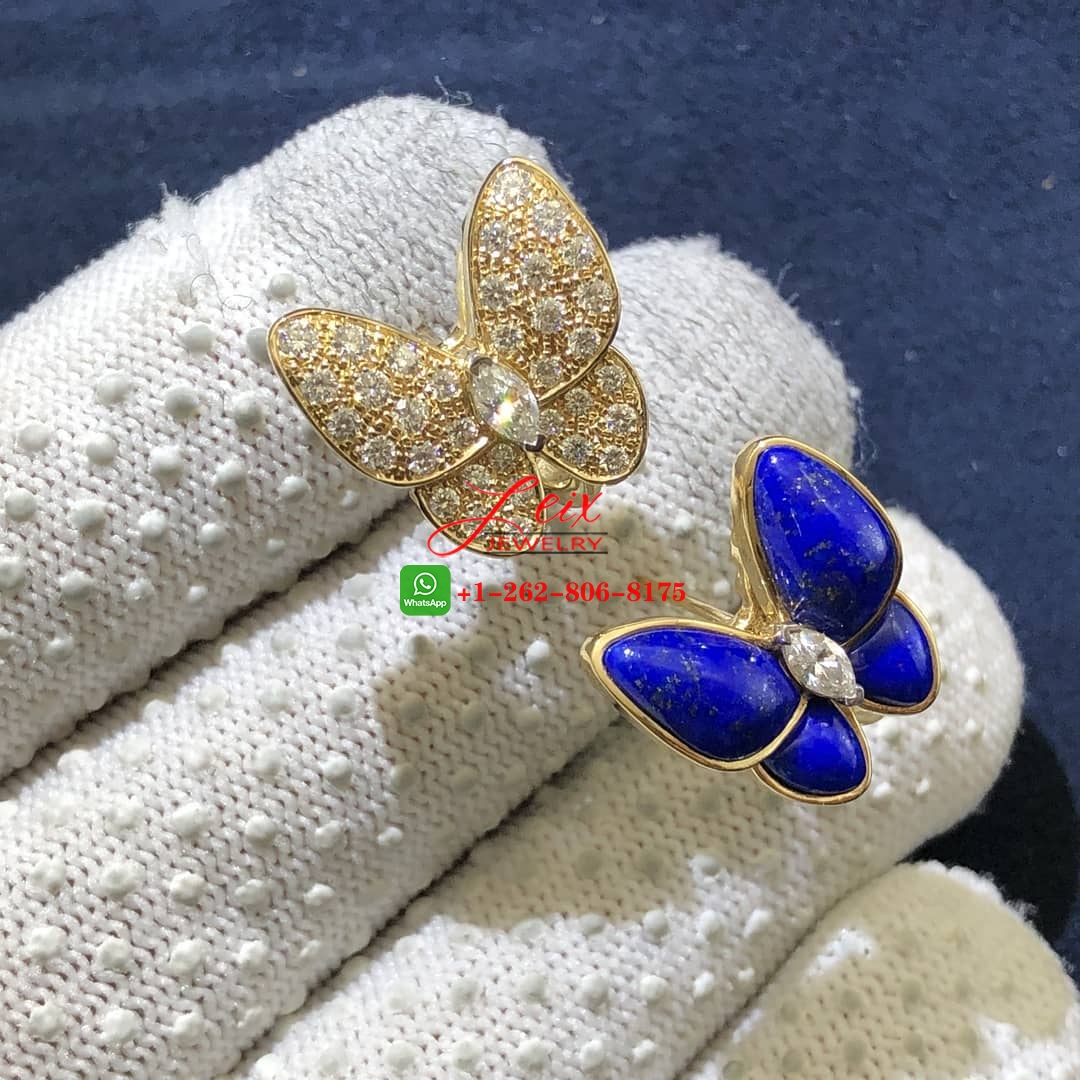 Van Cleef 18K Yellow Gold Lapis Lazuli and Diamonds Two Butterfly Earrings Van Cleef 18K Yellow Gold Lapis Lazuli and Diamonds Two Butterfly Earrings