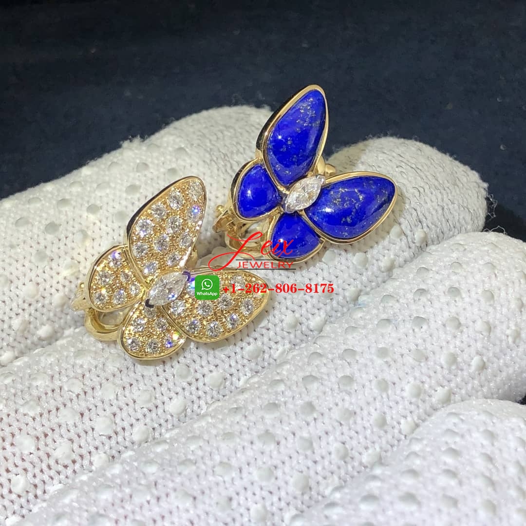 Van Cleef 18K Yellow Gold Lapis Lazuli and Diamonds Two Butterfly Earrings Van Cleef 18K Yellow Gold Lapis Lazuli and Diamonds Two Butterfly Earrings