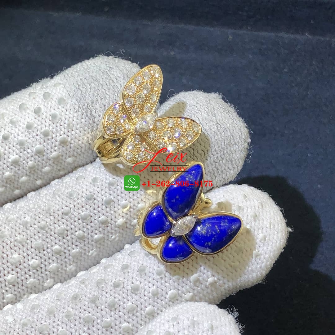 Van Cleef 18K Yellow Gold Lapis Lazuli and Diamonds Two Butterfly Earrings Van Cleef 18K Yellow Gold Lapis Lazuli and Diamonds Two Butterfly Earrings