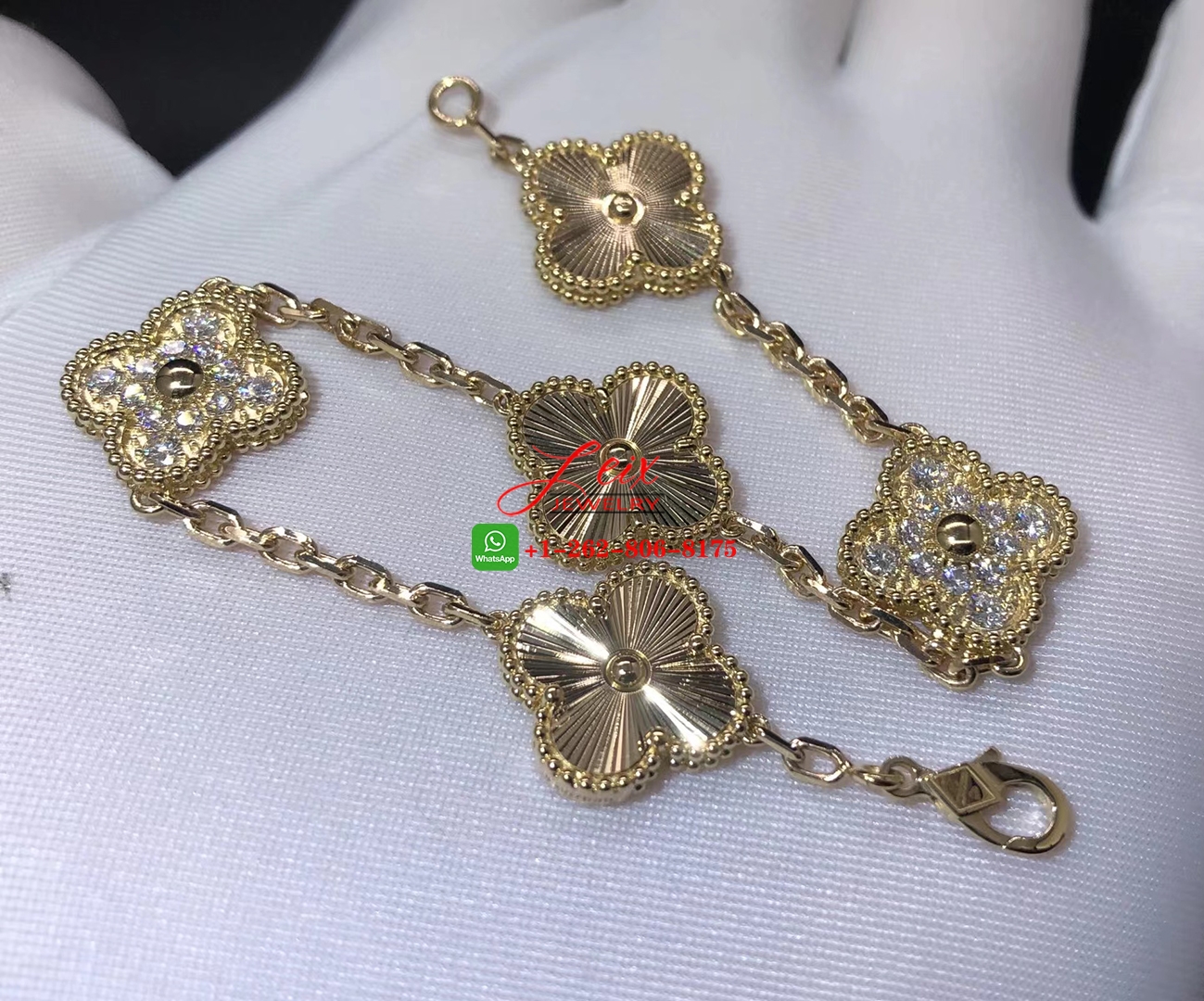 Van Cleef & Arpels Vintage Alhambra Diamond-Paved Guilloche 18K Yellow Gold 5 Motifs Bracelet Van Cleef & Arpels Vintage Alhambra Diamond-Paved Guilloche 18K Yellow Gold 5 Motifs Bracelet