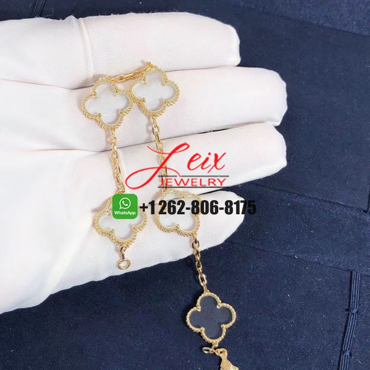 Van Cleef & Arpels Vintage Alhambra 18K Yellow Gold Rock Crystal 5 Motifs Bracelet (1) Van Cleef & Arpels Vintage Alhambra 18K Yellow Gold Rock Crystal 5 Motifs Bracelet