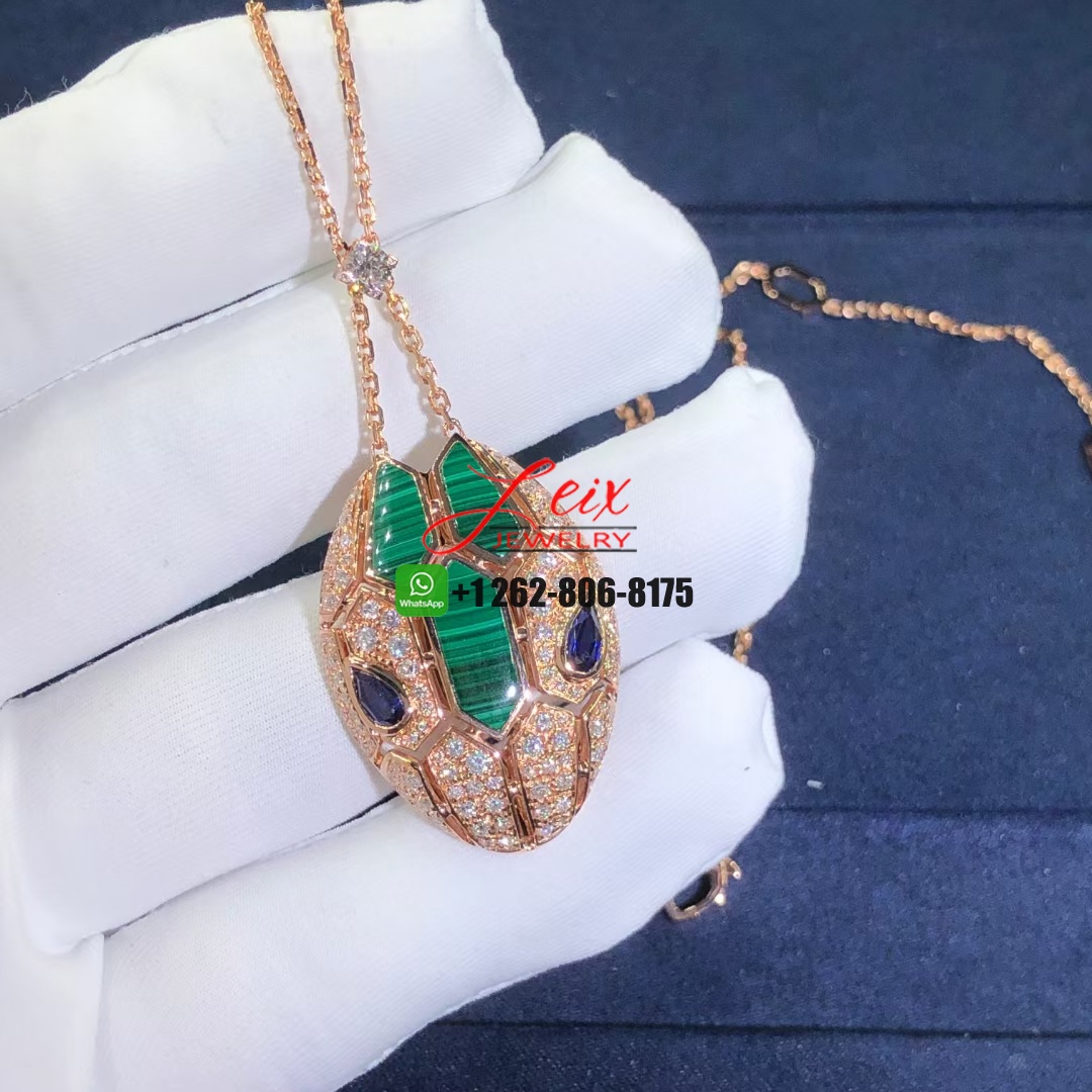 Bvlgari Serpenti 18k Rose Gold Blue Sapphire, Malachite and Diamond Pave Pendant Necklace (1) Bvlgari Serpenti 18k Rose Gold Blue Sapphire, Malachite and Diamond Pave Pendant Necklace