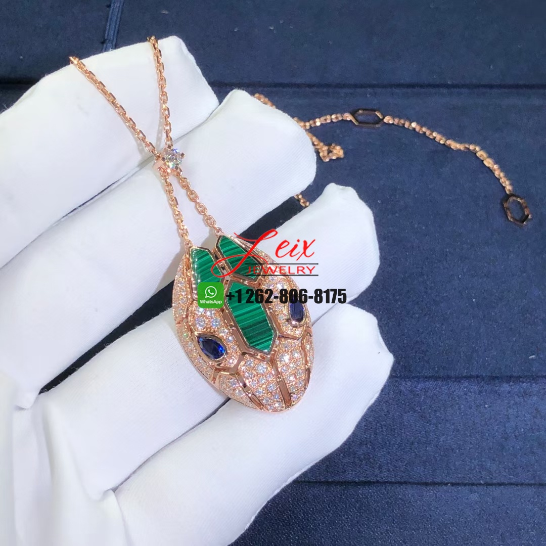 Bvlgari Serpenti 18k Rose Gold Blue Sapphire, Malachite and Diamond Pave Pendant Necklace (2) Bvlgari Serpenti 18k Rose Gold Blue Sapphire, Malachite and Diamond Pave Pendant Necklace