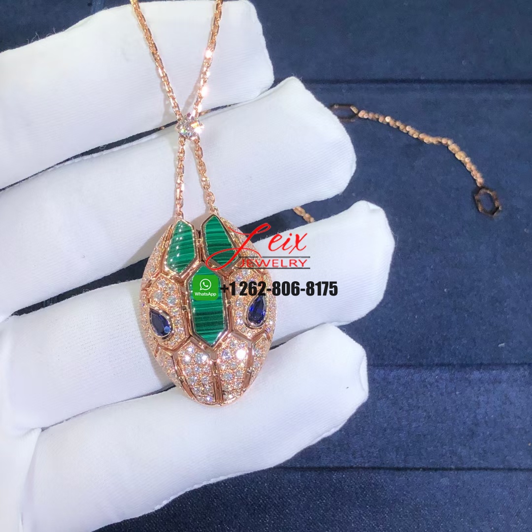 Bvlgari Serpenti 18k Rose Gold Blue Sapphire, Malachite and Diamond Pave Pendant Necklace (3) Bvlgari Serpenti 18k Rose Gold Blue Sapphire, Malachite and Diamond Pave Pendant Necklace