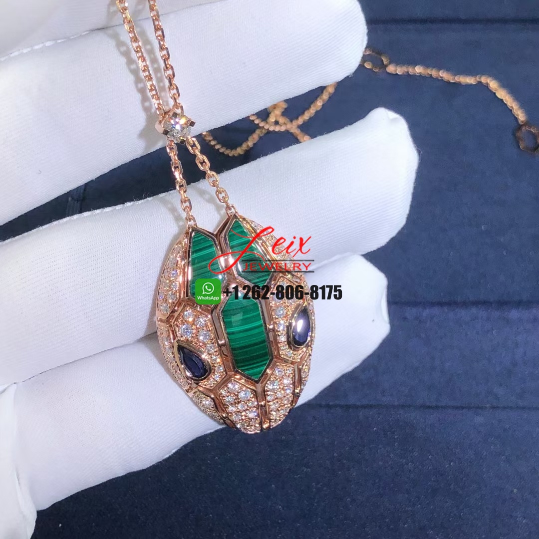 Bvlgari Serpenti 18k Rose Gold Blue Sapphire, Malachite and Diamond Pave Pendant Necklace (4) Bvlgari Serpenti 18k Rose Gold Blue Sapphire, Malachite and Diamond Pave Pendant Necklace