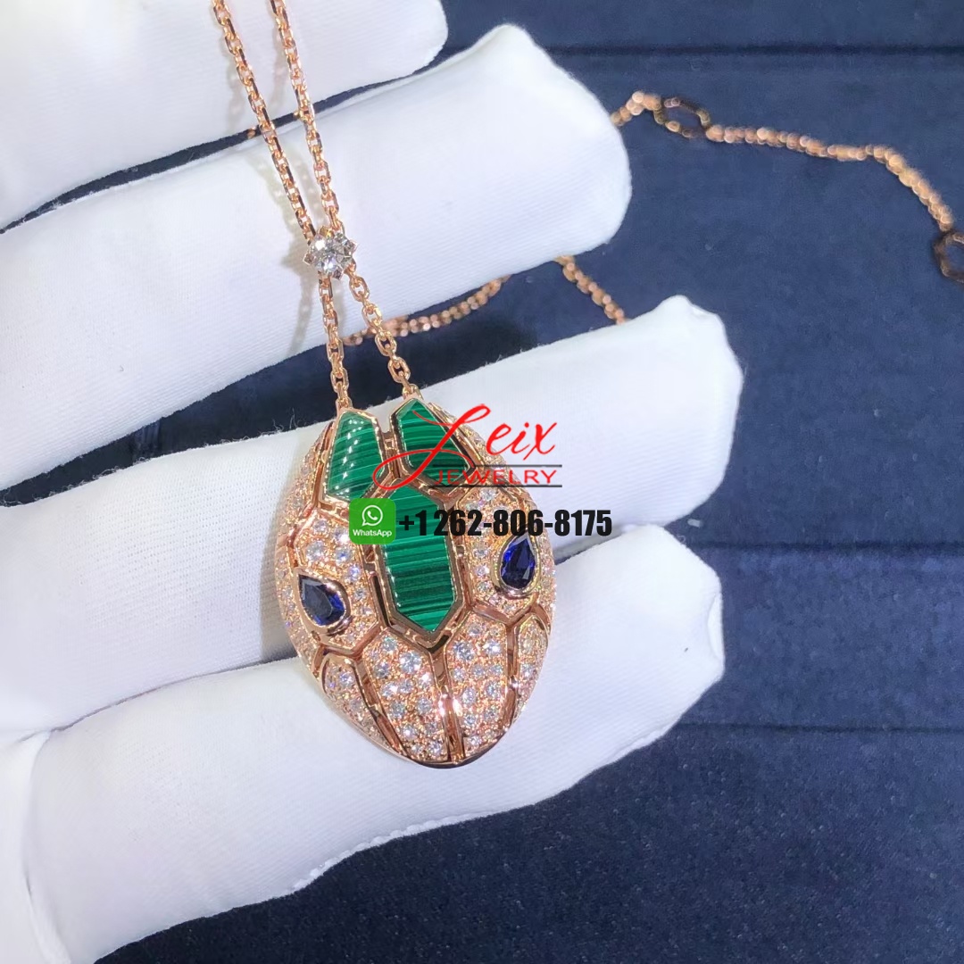 Bvlgari Serpenti 18k Rose Gold Blue Sapphire, Malachite and Diamond Pave Pendant Necklace (5) Bvlgari Serpenti 18k Rose Gold Blue Sapphire, Malachite and Diamond Pave Pendant Necklace