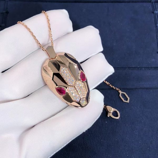Custom Bvlgari Serpenti Diamond and Rubellite 18k Rose Gold Necklace