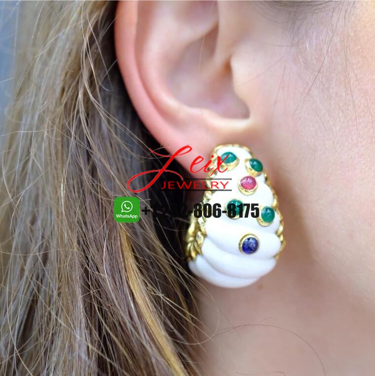 David Webb 18K Yellow Gold White Coral Sapphire, Ruby, Emerald Earrings (1) David Webb 18K Yellow Gold White Coral Sapphire, Ruby, Emerald Earrings