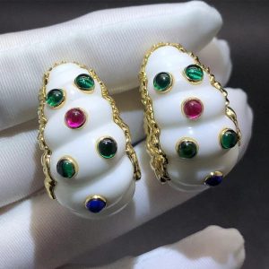 David Webb 18K Yellow Gold White Coral Sapphire, Ruby, Emerald Earrings