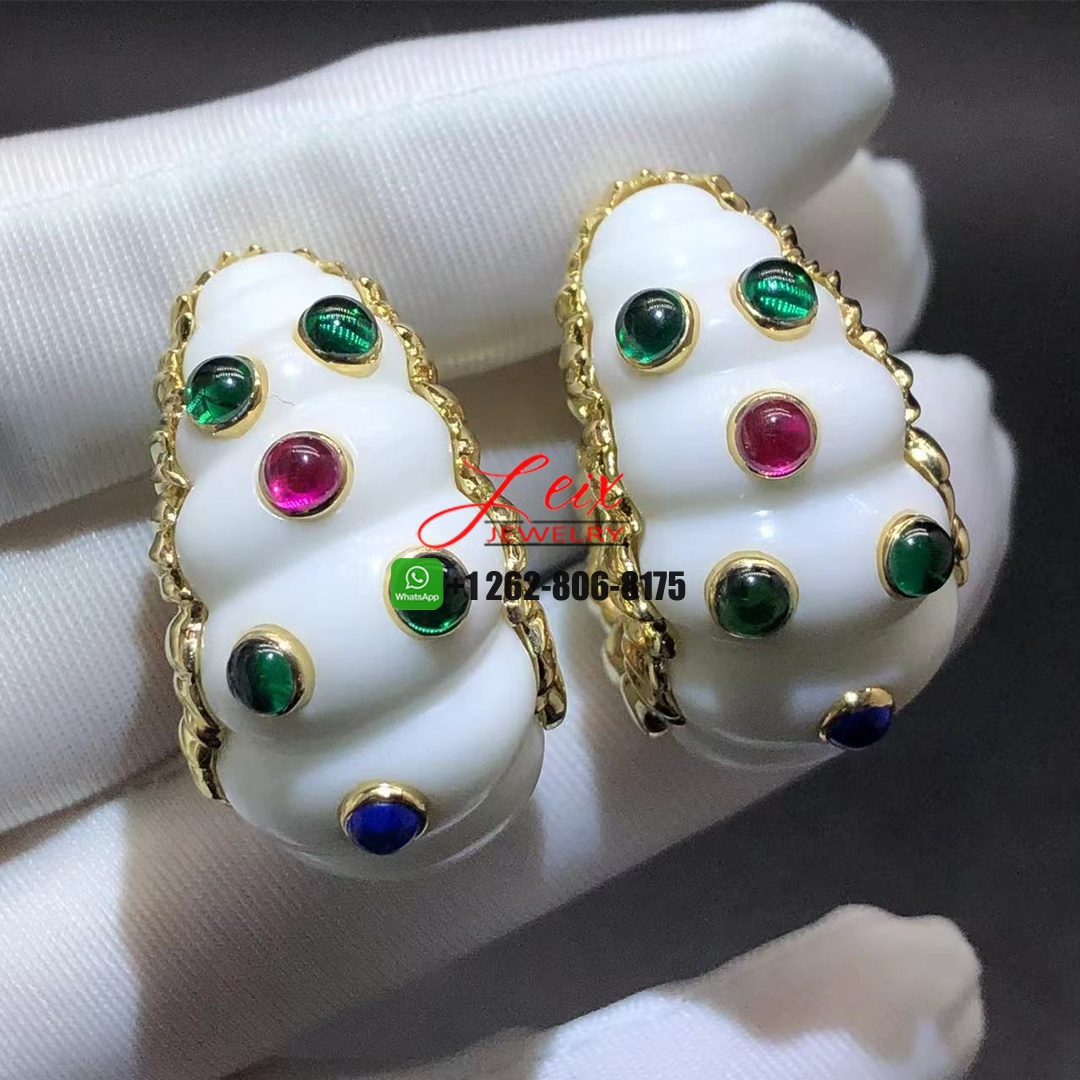 David Webb 18K Yellow Gold White Coral Sapphire, Ruby, Emerald Earrings David Webb 18K Yellow Gold White Coral Sapphire, Ruby, Emerald Earrings