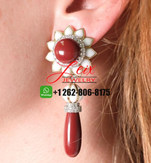 David Webb 18k Gold & Platinum Cabochon White and Oxblood Coral Drop Dangling Earrings (1) David Webb 18k Gold & Platinum Cabochon White and Oxblood Coral Drop Dangling Earrings