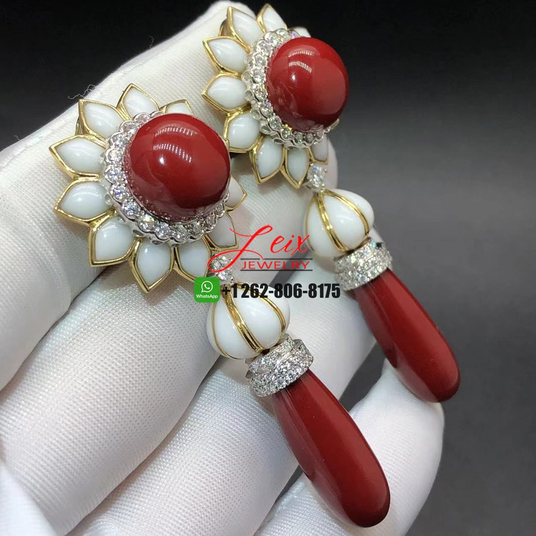 David Webb 18k Gold & Platinum Cabochon White and Oxblood Coral Drop Dangling Earrings (2) David Webb 18k Gold & Platinum Cabochon White and Oxblood Coral Drop Dangling Earrings