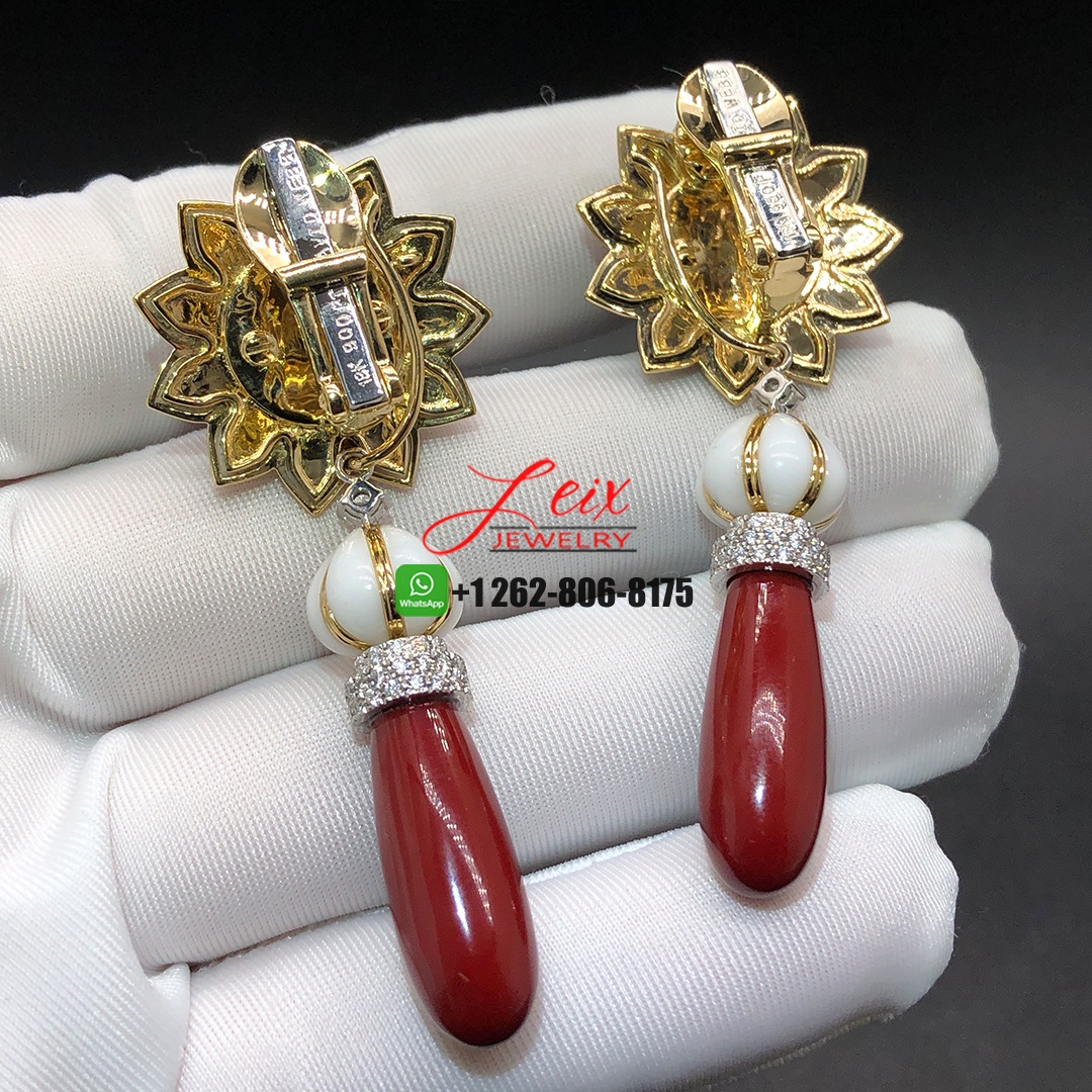 David Webb 18k Gold & Platinum Cabochon White and Oxblood Coral Drop Dangling Earrings (3) David Webb 18k Gold & Platinum Cabochon White and Oxblood Coral Drop Dangling Earrings