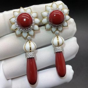 David Webb 18k Gold & Platinum Cabochon White and Oxblood Coral Drop Dangling Earrings