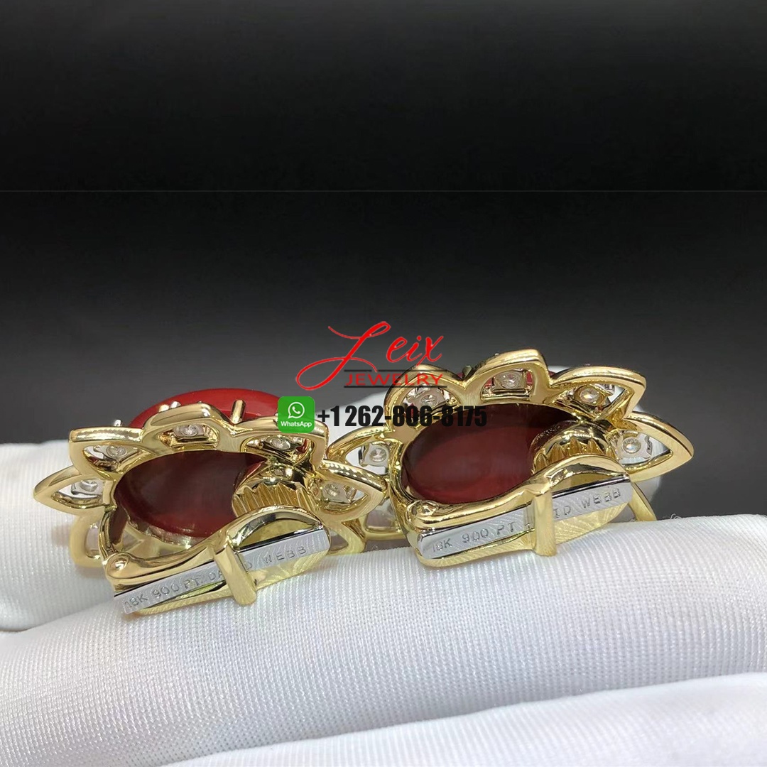 David Webb 18k Gold & Platinum Red Coral Diamond Flowers Earrings David Webb 18k Gold & Platinum Red Coral Diamond Flowers Earrings