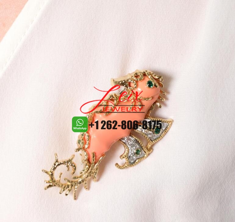 David Webb 18k Yellow Gold & Platinum Coral, Emeralds, Diamonds Seahorse Brooch Pin (1) David Webb 18k Yellow Gold & Platinum Coral, Emeralds, Diamonds Seahorse Brooch Pin