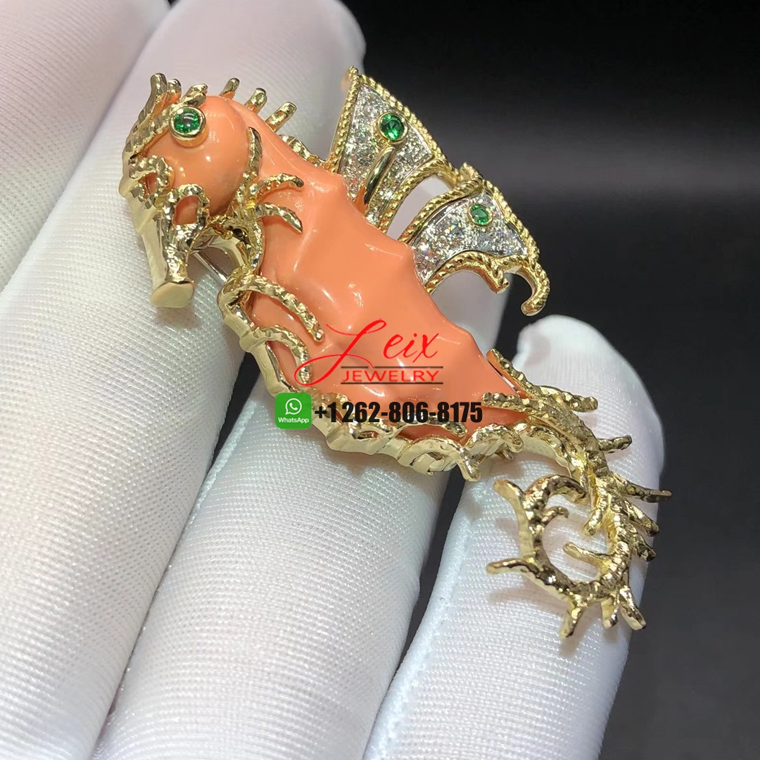 David Webb 18k Yellow Gold & Platinum Coral, Emeralds, Diamonds Seahorse Brooch Pin (2) David Webb 18k Yellow Gold & Platinum Coral, Emeralds, Diamonds Seahorse Brooch Pin