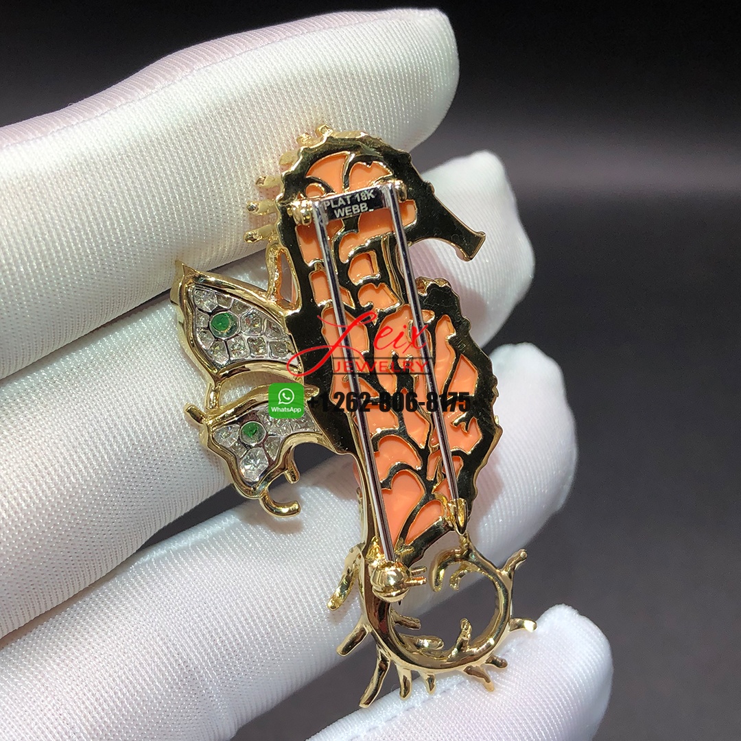 David Webb 18k Yellow Gold & Platinum Coral, Emeralds, Diamonds Seahorse Brooch Pin (3) David Webb 18k Yellow Gold & Platinum Coral, Emeralds, Diamonds Seahorse Brooch Pin