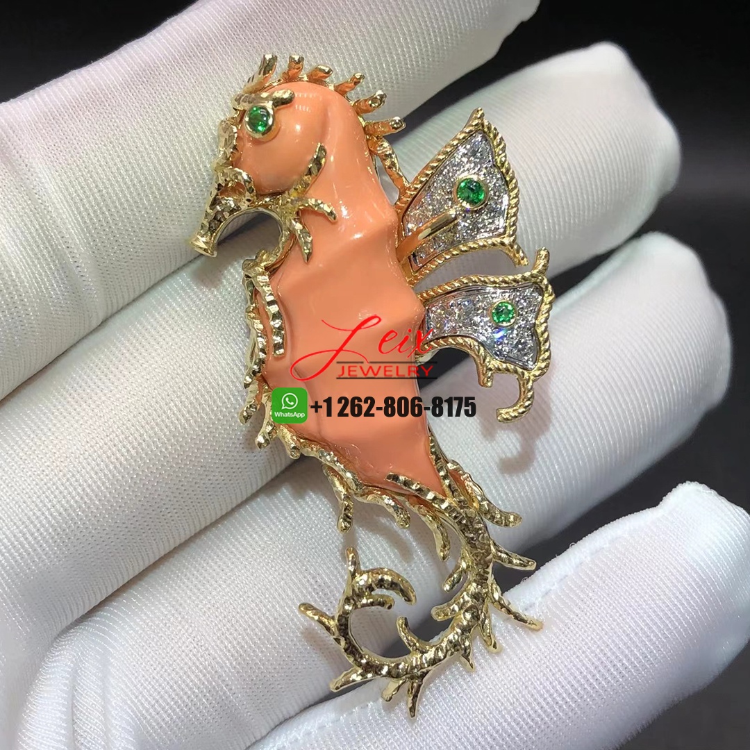 David Webb 18k Yellow Gold & Platinum Coral, Emeralds, Diamonds Seahorse Brooch Pin David Webb 18k Yellow Gold & Platinum Coral, Emeralds, Diamonds Seahorse Brooch Pin
