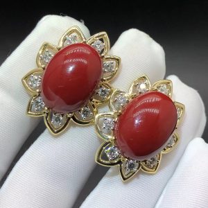 David Webb 18k Yellow Gold & Platinum Red Coral Diamond Flowers Earrings